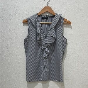 Karl Lagerfeld Black and White Vertical Stripe Ruffle Sleeveless Blouse